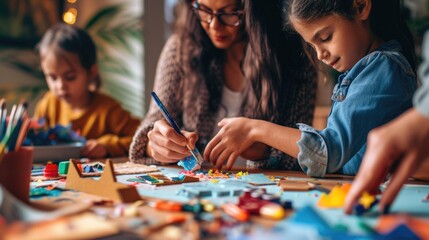 A family enjoys quality time together, engaging in arts and crafts at a colorful and messy home workstation, fostering creativity. AIG41