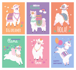 Fototapeta premium Set of postcards with cute alpacas flat style, vector illustration