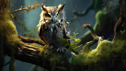 Enchanting scene of a wise old owl perched on a moss-covered branch, its penetrating gaze fixed on...