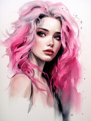Watercolor elegant lady fashion illustration in pink colors, girl with makeup. Young and beautiful woman illustration for poster, print, fashion concept.

