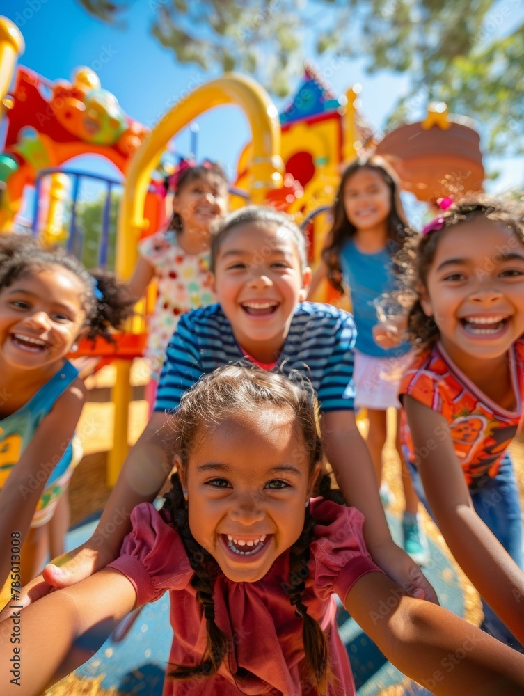 Poster a group of children playing on a playground at the park. generative ai.