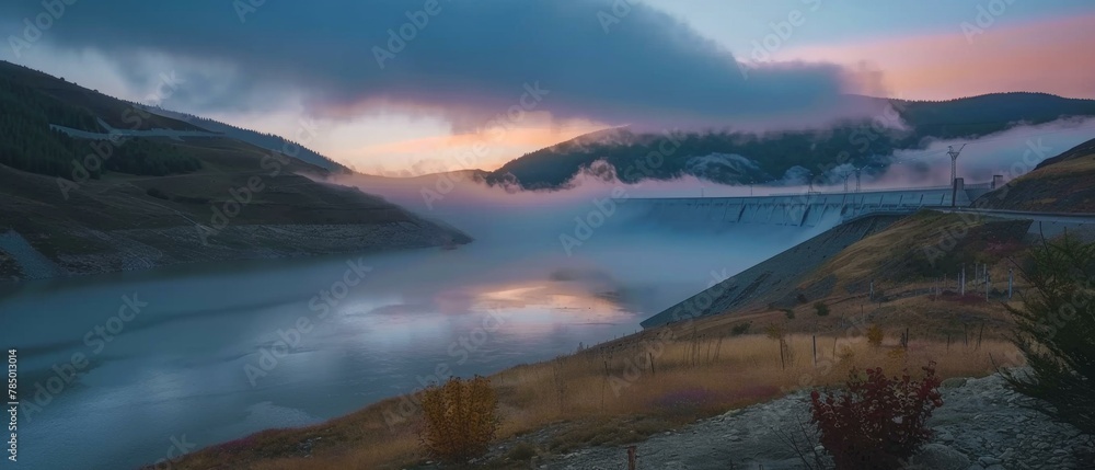 Poster a large body of water with a bridge in the middle of it. generative ai.