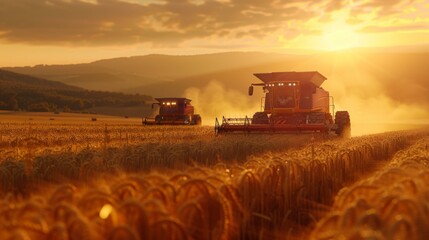 Two large farm equipment in a field at sunset. Generative AI.