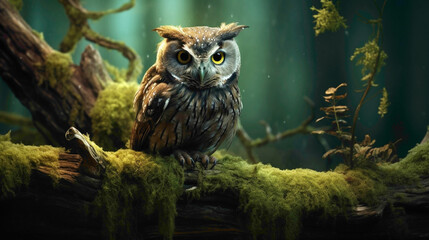 Enchanting scene of a wise old owl perched on a moss-covered branch, its penetrating gaze fixed on the surrounding woodland.
