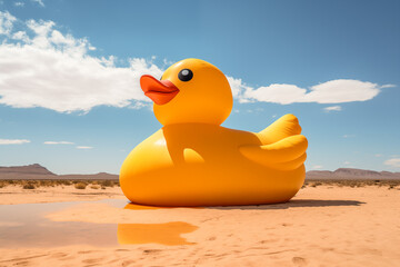 A rubber duck stuck in the desert due to climate change and high temperatures and drought