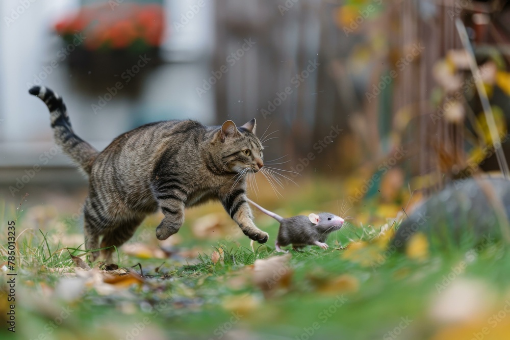 Poster a cat chasing a mouse in the grass outside. generative ai.