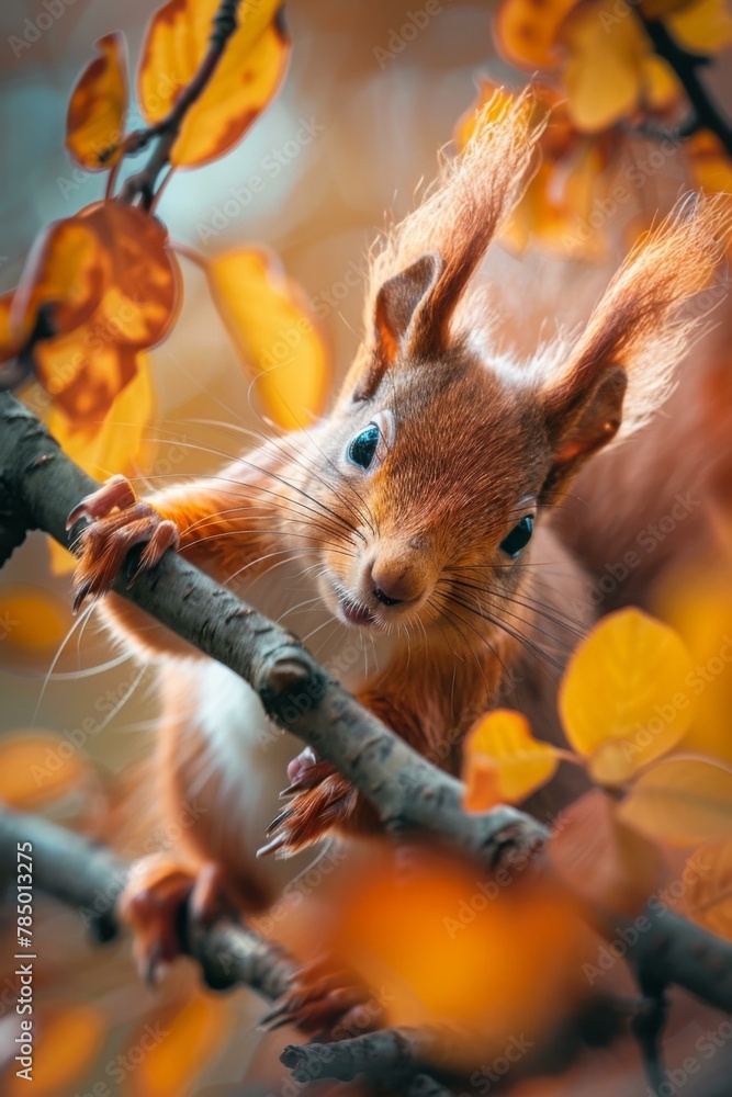 Poster a squirrel on a branch with leaves in the background. generative ai.