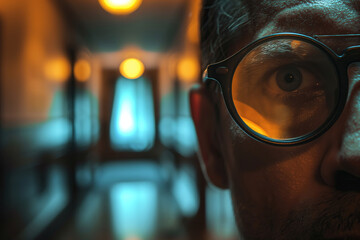 face of a male secret agent spy in glasses in the hallway in close-up