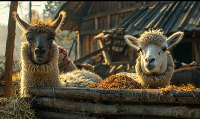 Obraz premium Two llamas standing in a wooden pen with hay and straw. Generative AI.
