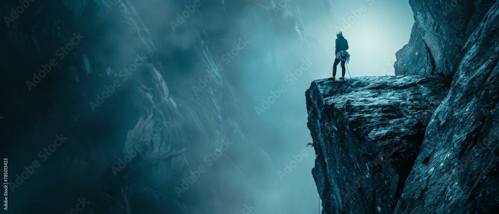 Poster a person standing on the edge of a cliff with their back to the camera. generative ai.
