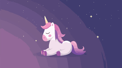 Cute Cartoon Unicorn with on a purple background Flat
