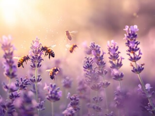 A group of bees flying over lavender flowers with a sun shining. Generative AI.