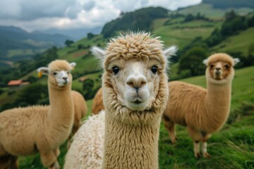 A group of alpacas are standing on a green hillside. Generative AI.