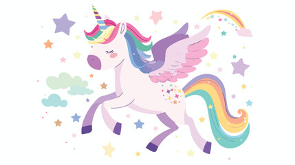 Cute cartoon unicorn with wing stars magic wand. isolated