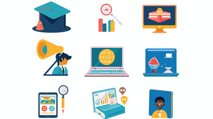 Modern technology in education flat icon set. Online 