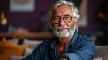 A man with glasses and a beard is sitting on a couch. He is smiling and looking at the camera....