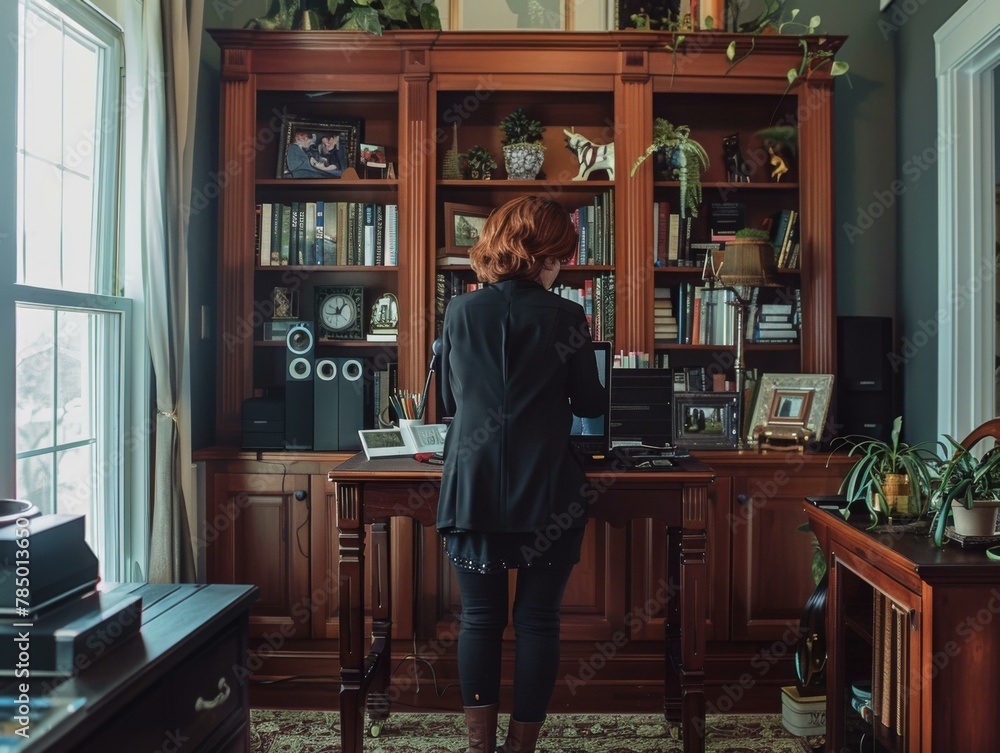 Canvas Prints A woman standing in front of a wooden desk with a computer on it. Generative AI.