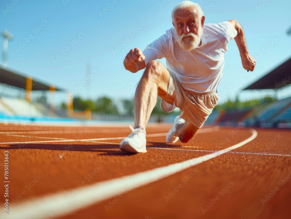 Poster an old man running on a track with his hands up. generative ai.