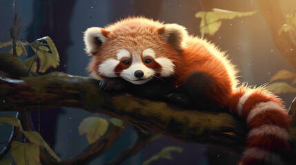 Elegant red panda resting on a tree branch, its bushy tail curled around its body, a picture of adorable tranquility in the heart of the forest. - obrazy, fototapety, plakaty