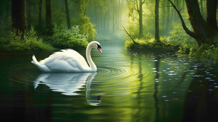 Elegant swan gliding gracefully across a pristine forest pond, its reflection mirrored in the still water, surrounded by emerald greenery. - obrazy, fototapety, plakaty