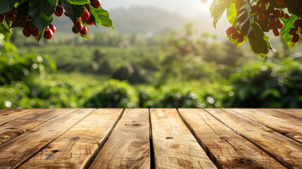 empty wooden table with coffee plantation and ripe red coffee beans as background