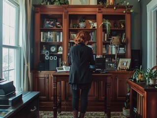 A woman standing in front of a wooden desk with a computer on it. Generative AI.