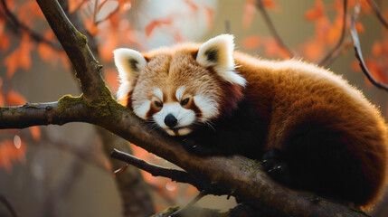 Elegant red panda resting on a tree branch, its bushy tail curled around its body, a picture of...