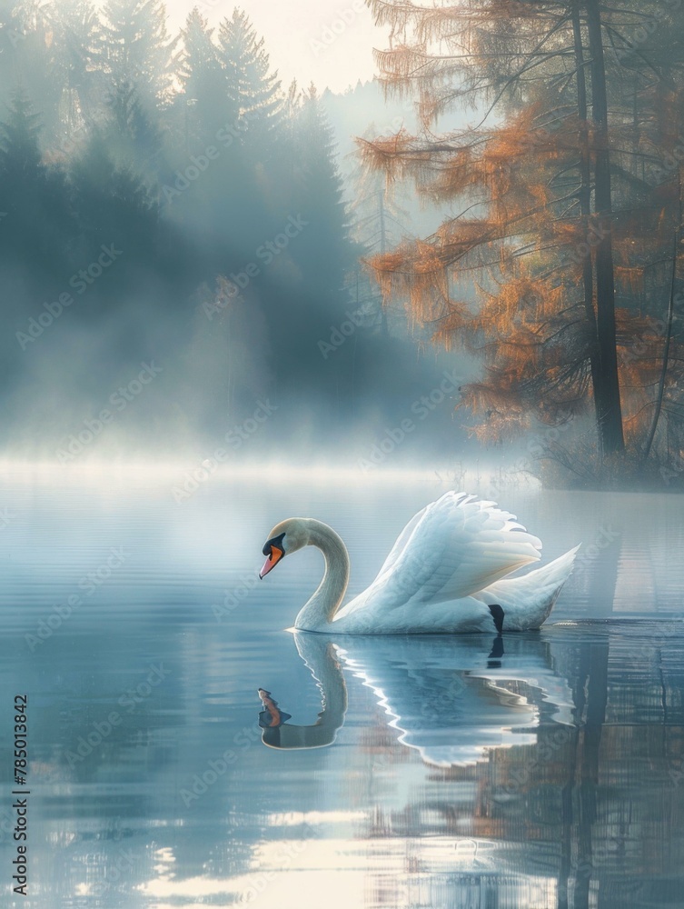 Poster a swan swimming in a lake with misty trees and fog. generative ai.