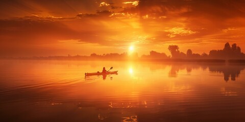 A person is in a canoe on a lake at sunset. Generative AI. - obrazy, fototapety, plakaty