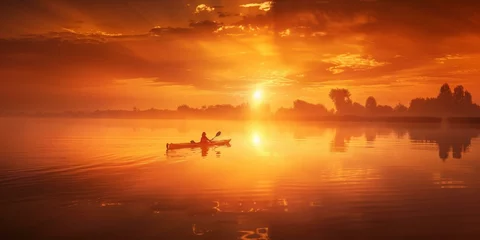 Foto op Canvas A person is in a canoe on a lake at sunset. Generative AI. © serg3d