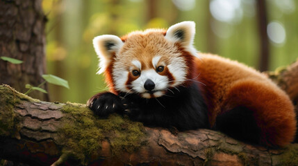 Elegant red panda resting on a tree branch, its bushy tail curled around its body, a picture of adorable tranquility in the heart of the forest. - obrazy, fototapety, plakaty