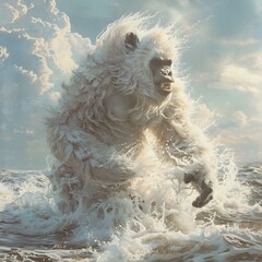 Ethereal White Hybrid Creature Emerging from Crashing Waves at Dawn