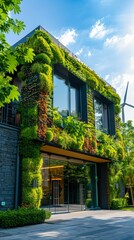 A building with a green roof and plants growing on the side. Generative AI.