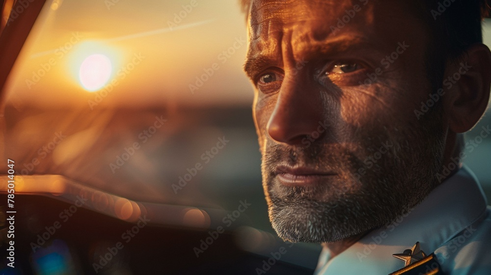 Poster a man in a pilot's uniform sitting at the controls of an airplane. generative ai.