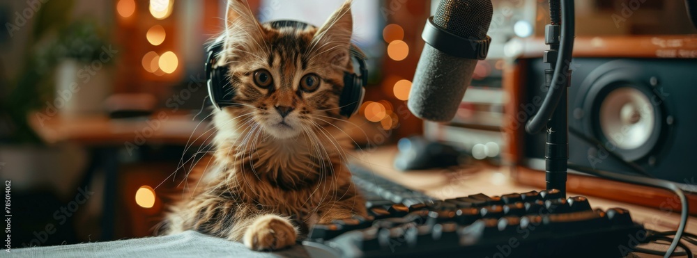 Poster a cat sitting on a keyboard with headphones and microphone. generative ai.