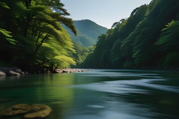 The lush green landscape of Oirase in Japan showcases the beauty of nature during summertime, with...