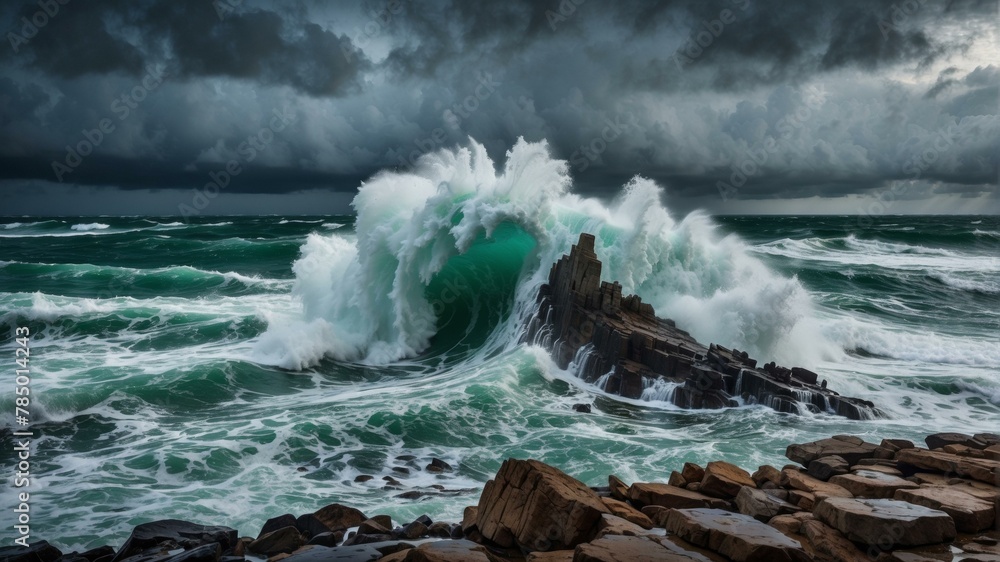 Poster a large wave crashing over rocks and into the ocean. generative ai.