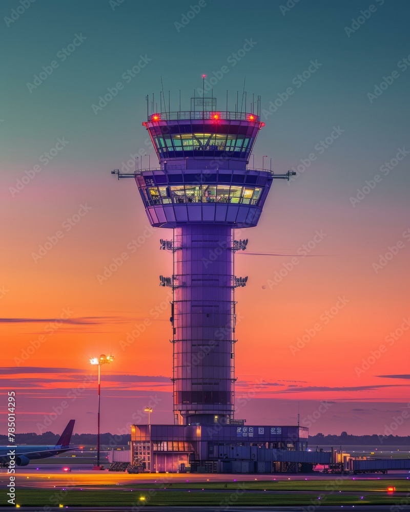 Poster a tower with lights on it at sunset near a runway. generative ai.