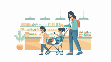 Mother with two kids buying groceries at supermarket.