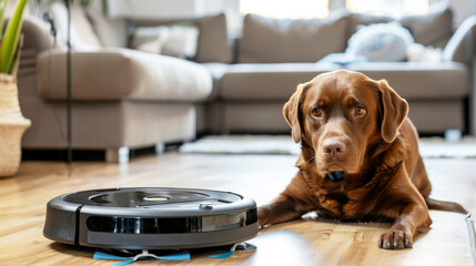 Golden retriever dog lying on the floor while robot vacuum cleaner working. Living room background. - obrazy, fototapety, plakaty