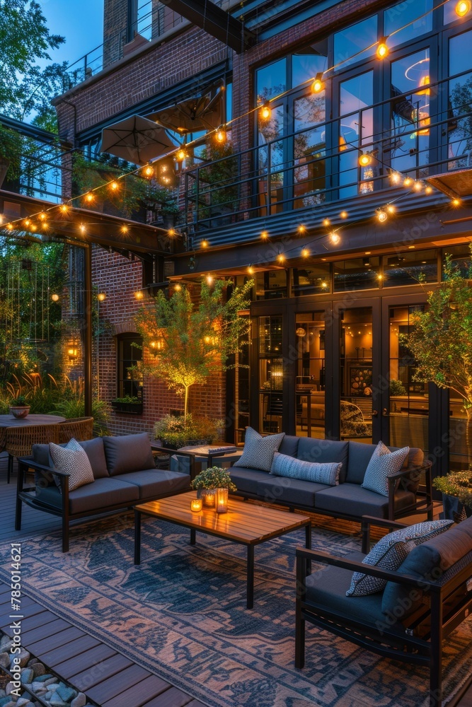 Poster a patio with a couch, table and chairs lit up by string lights. generative ai.