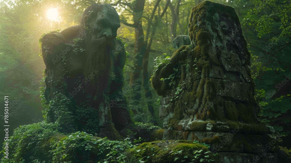 Aufkleber a statue of a stone figure in the middle of some trees. generative ai.