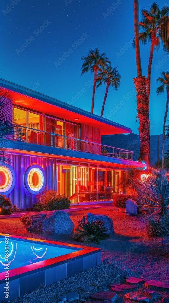 Poster a house with a pool and neon lights in the windows. generative ai.