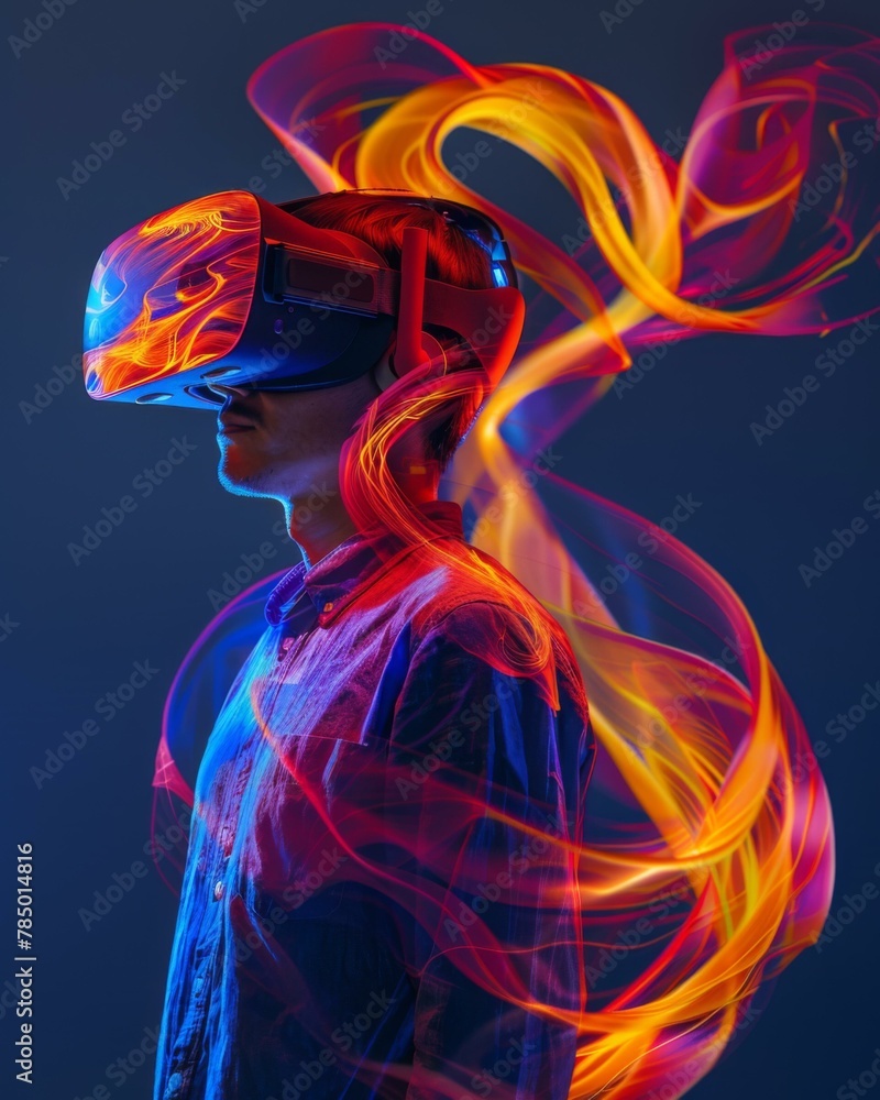 Sticker A man wearing a vr headset with colorful flames around him. Generative AI.