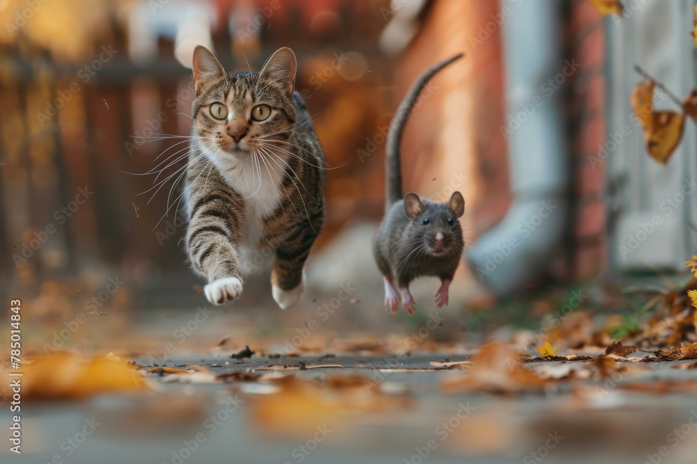 Poster a cat and a mouse running down the street together. generative ai.