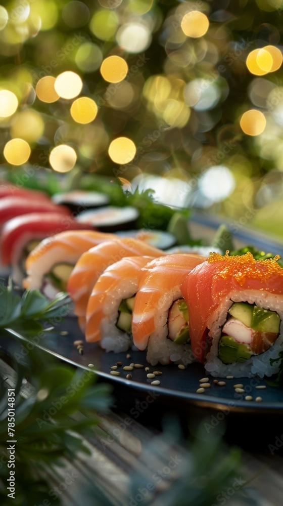Aufkleber a plate of sushi with different types on it sitting next to a tree.