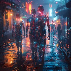 Silhouettes Reflecting on Digital Consciousness in Neon Lit Alley