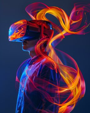 A man wearing a vr headset with colorful flames around him. Generative AI.
