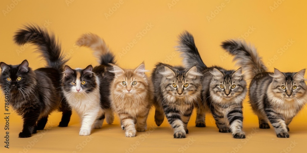 Poster a group of cats are lined up in a row on yellow background. generative ai.