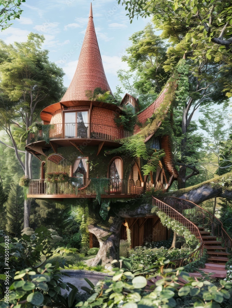 Poster a tree house in the middle of a forest with stairs. generative ai.